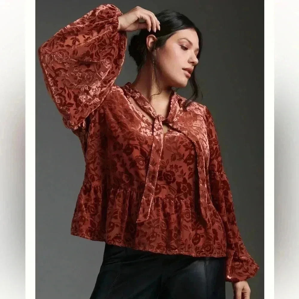 Anthropologie Burnout Velvet Tie-Neck Oversized‎ Blouse whimsiGoth Peplum Sz S